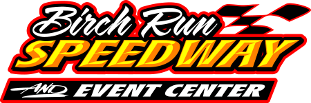 A logo for birch run speedway and event center.