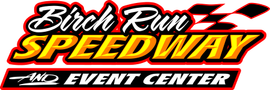 A logo for birch run speedway and event center.