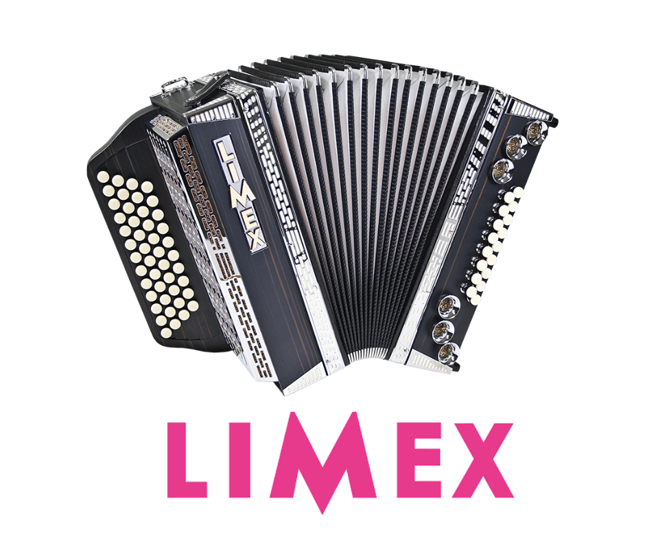 Schwarzes LIMEX-Akkordeon-Logo mit pinkfarbenem Text auf weißem Hintergrund