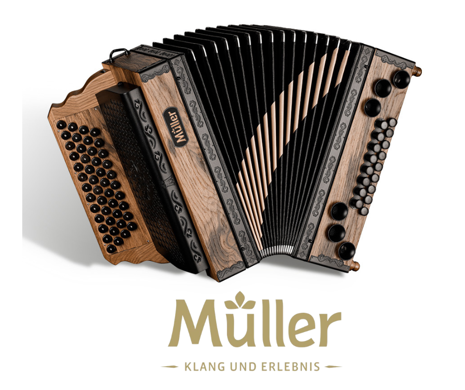 Wooden button accordion with “Müller” logo and the tagline “Klang und Erlebnis” on a white background