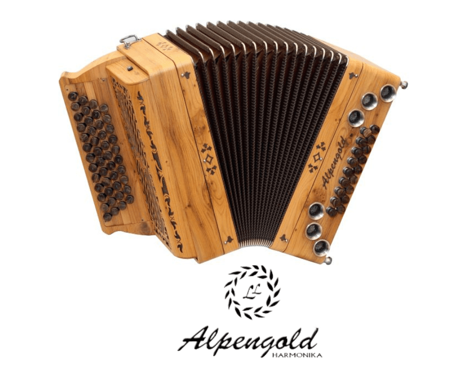 Holzakkordeon mit braunem Balg und schwarzen Knöpfen, darüber das Alpengold-Logo und der Name.