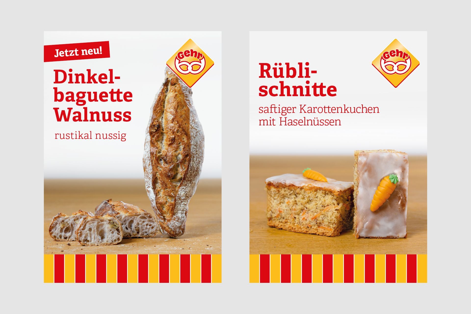 Zwei Bäckereiplakate für ein Baguette und eine Rüblischnitte mit Fotos und roter Typo. Von der as2 Werbeagentur Reutlingen.