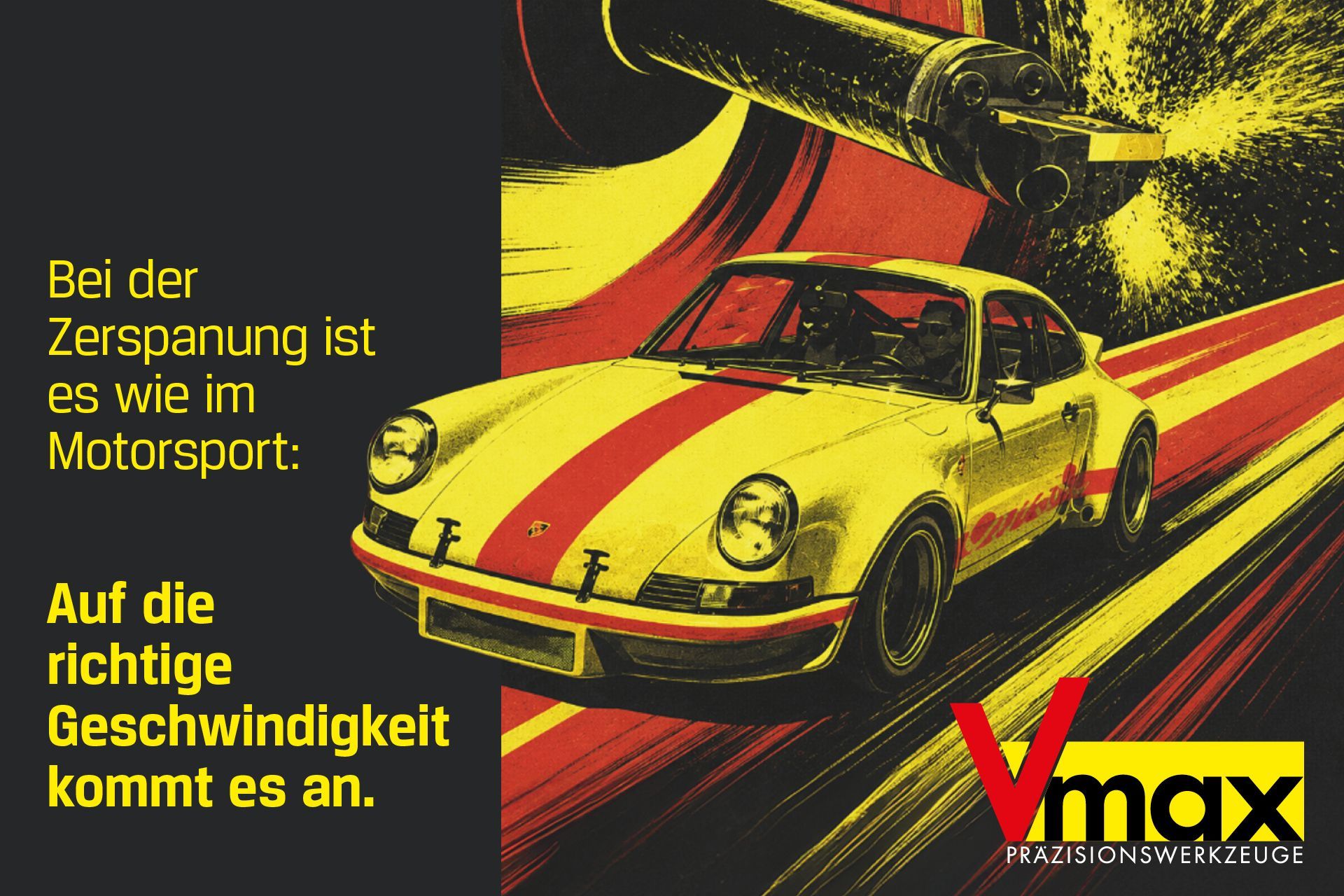 Ein Plakat mit Sportwagen gelb mit roten Streifen rast über eine Straße, darüber ein Spanwerkzeug von Vmax. Grafikdesign as2.