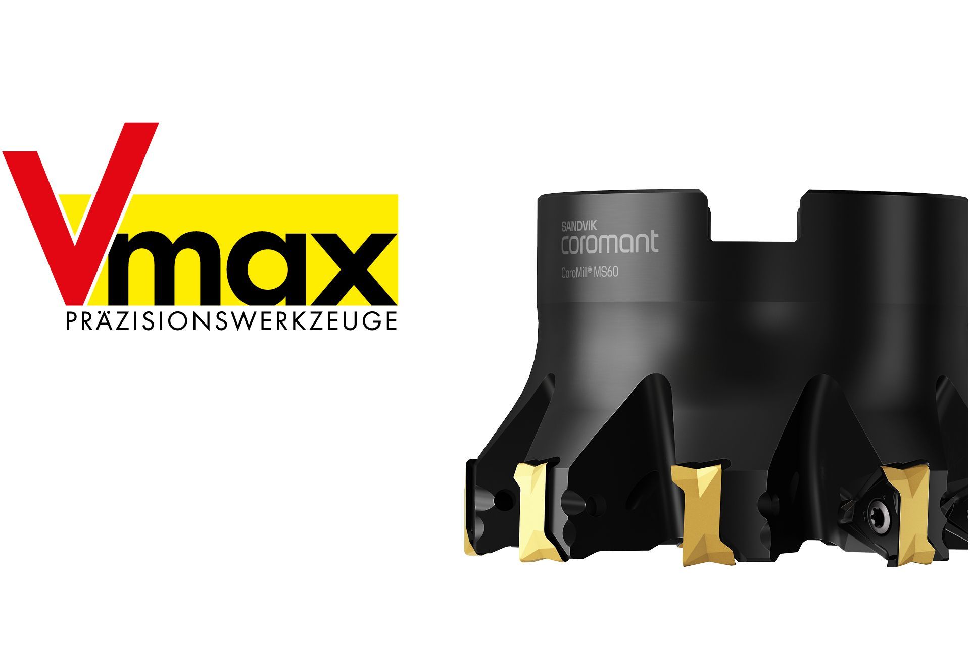 Vmax-Logo mit drei schwarzen Hartmetall-Schneidwerkzeugen auf weißem Hintergrund ein Corporate Design von as2 Reutlingen.