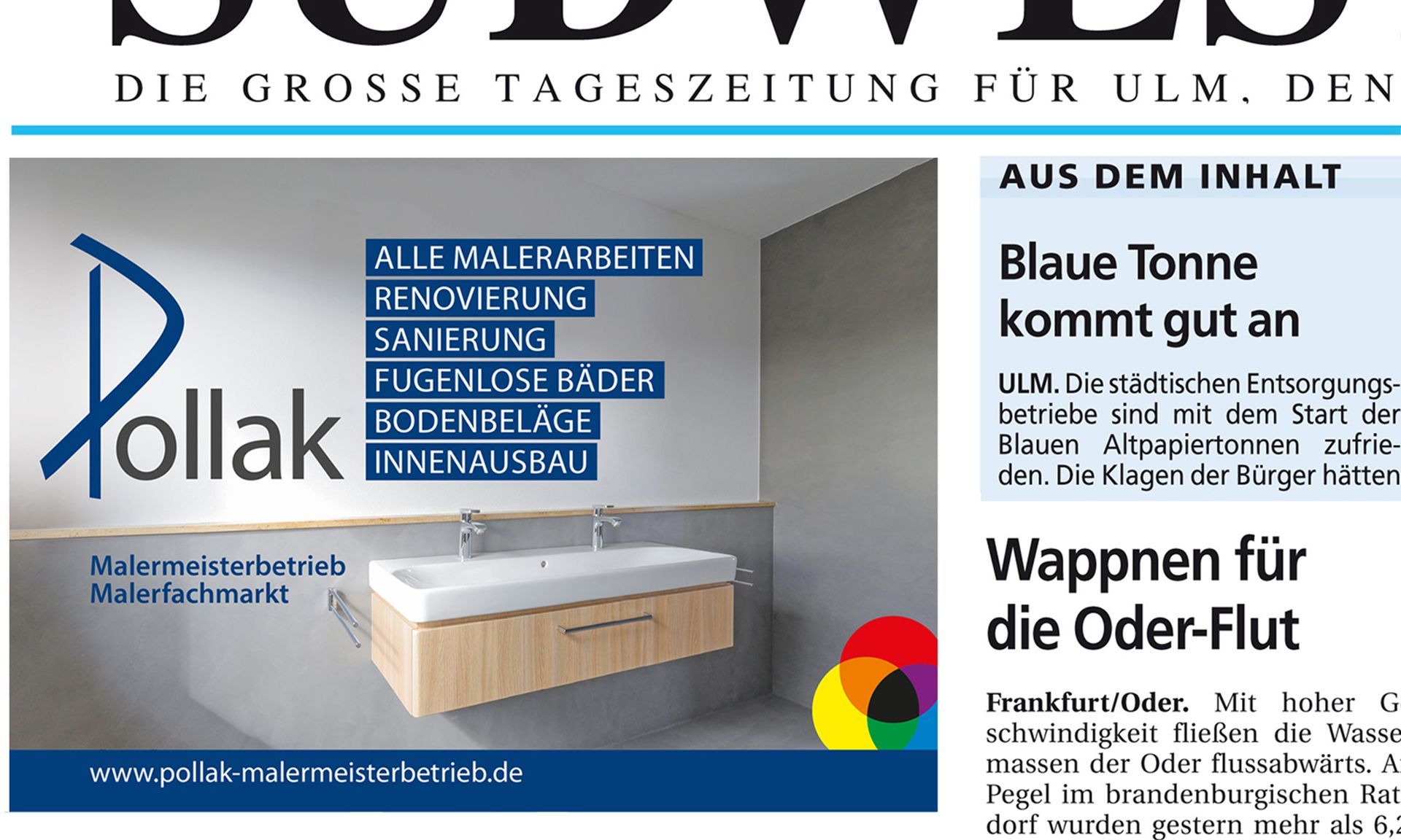 Eine Anzeige von einem Malermeisterbetrieb in der Südwestpresse, ein Badbild mit aufgezählten Leistungen.