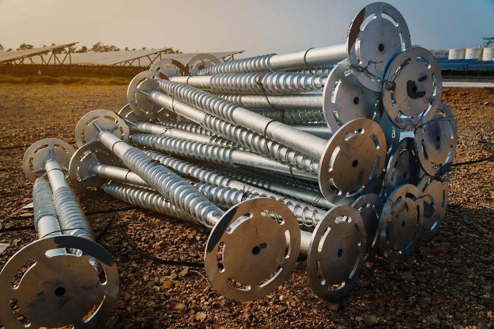 Piles Of Silver Metal Utility Poles With Flanged Bases Stacked — Ground Screws SEQ Pty Ltd In Meridan Plains, QLD