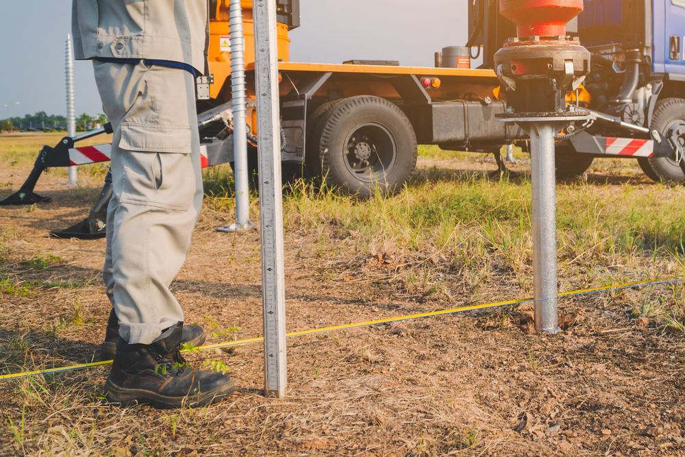 Worker Beside Orange Utility Truck Near Marked Ground and Survey Stakes — Ground Screws SEQ Pty Ltd In Meridan Plains, QLD