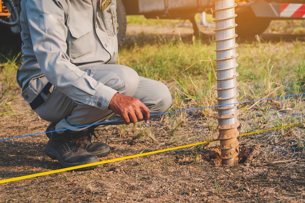 Worker Kneeling Beside a Metal Post at a Construction Site, Measuring — Ground Screws SEQ Pty Ltd In Meridan Plains, QLD