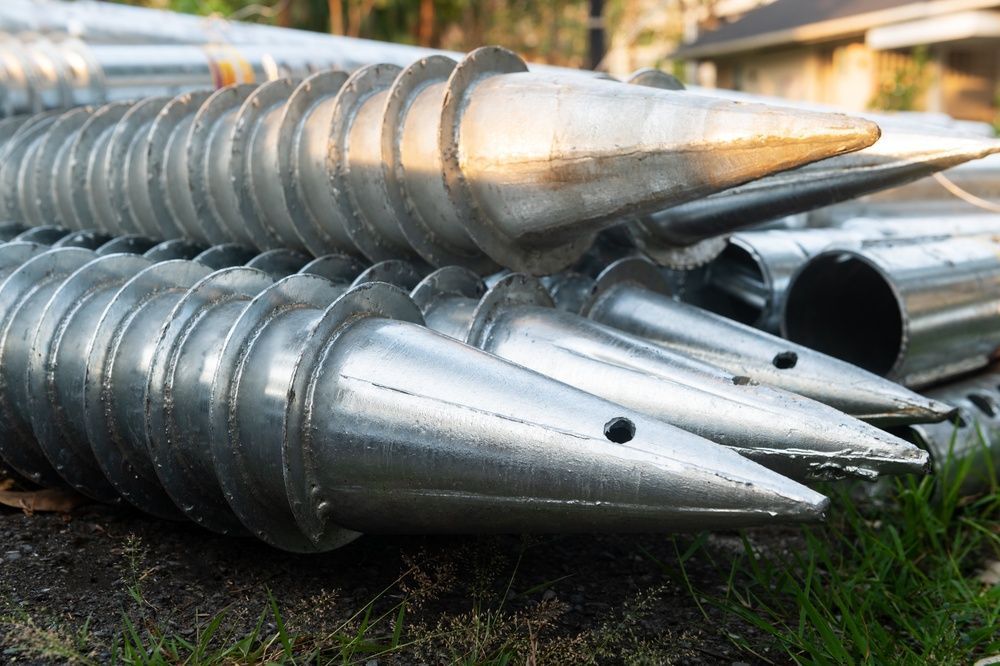Stacked Silver Metal Drills or Augers Lying on Grass Outdoors — Ground Screws SEQ Pty Ltd In Toowoomba, QLD