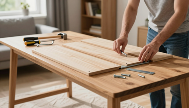Person assembling a wooden table with tools on a bright workshop floor