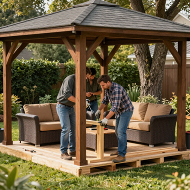 Two men assembling a wooden gazebo with outdoor seating in a backyard