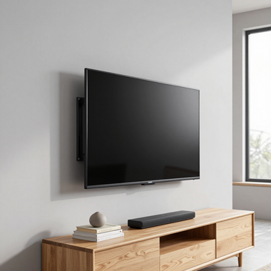 Modern living room with wall-mounted flat-screen TV above a wooden media console and window light