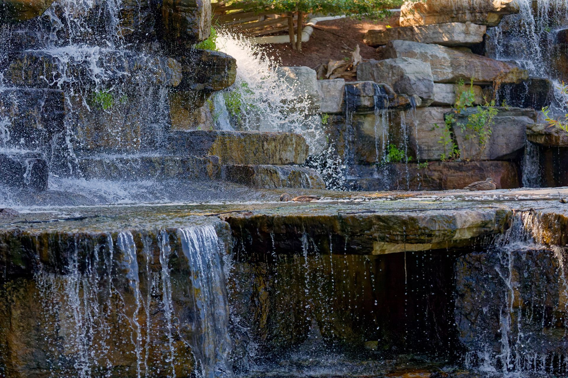 Tiered rock waterfall with water cascading over mossy ledges into a pool