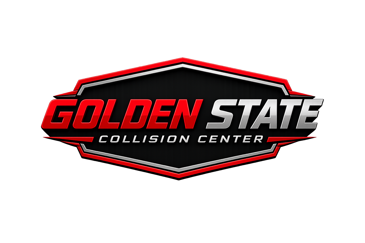 Golden State Collision Center logo in red, black, and white on a dark background