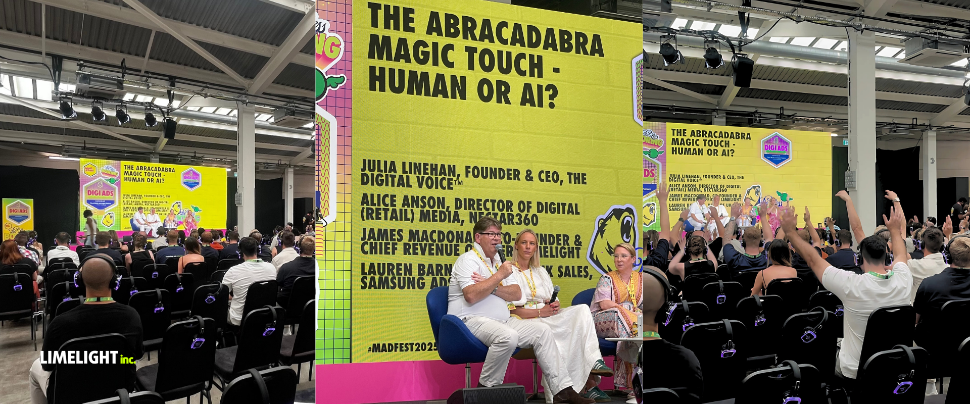 Crowded expo booth with bright yellow sign reading “The albatross: magic touch? Human or AI?” and people cheering