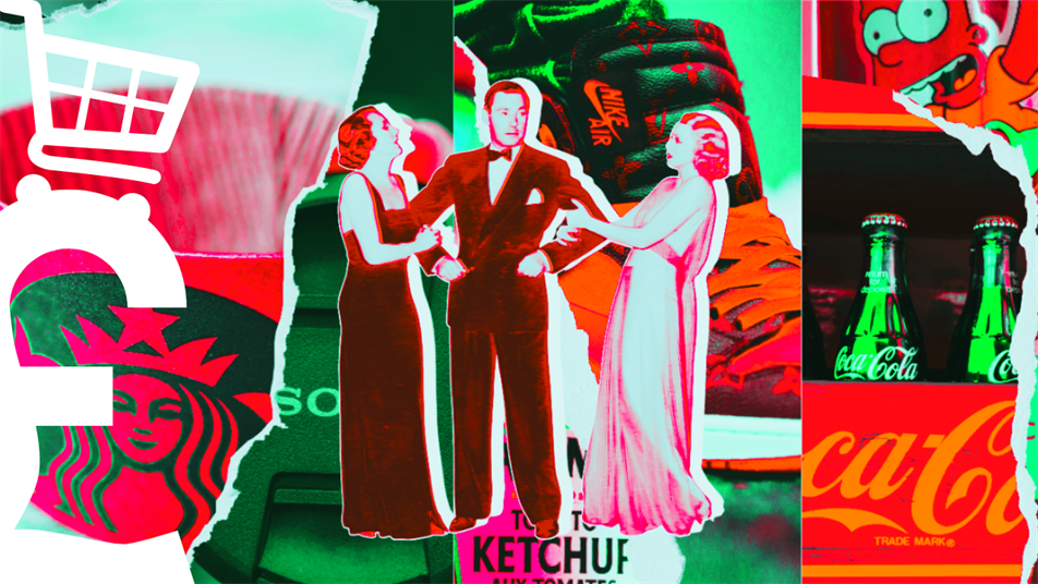 Collage of colorful pop-art panels featuring a shopping cart, Starbucks logo, people, ketchup, and Coca-Cola branding