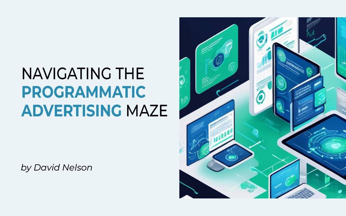 Book cover titled “Navigating the Programmatic Advertising Maze” with blue digital ad and laptop illustrations