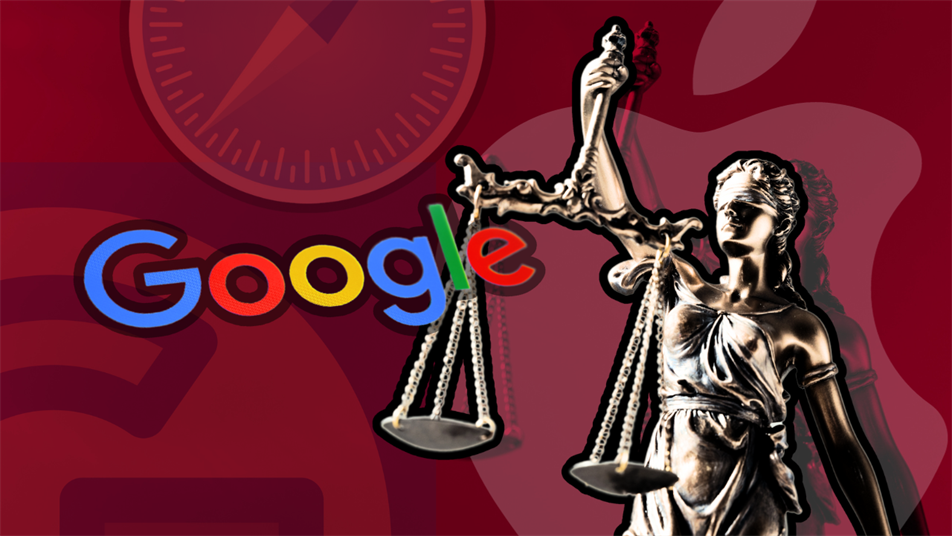 Google logo beside Lady Justice holding scales on a red background