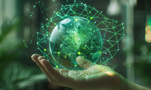 Hand holding a glowing digital globe with green network connections