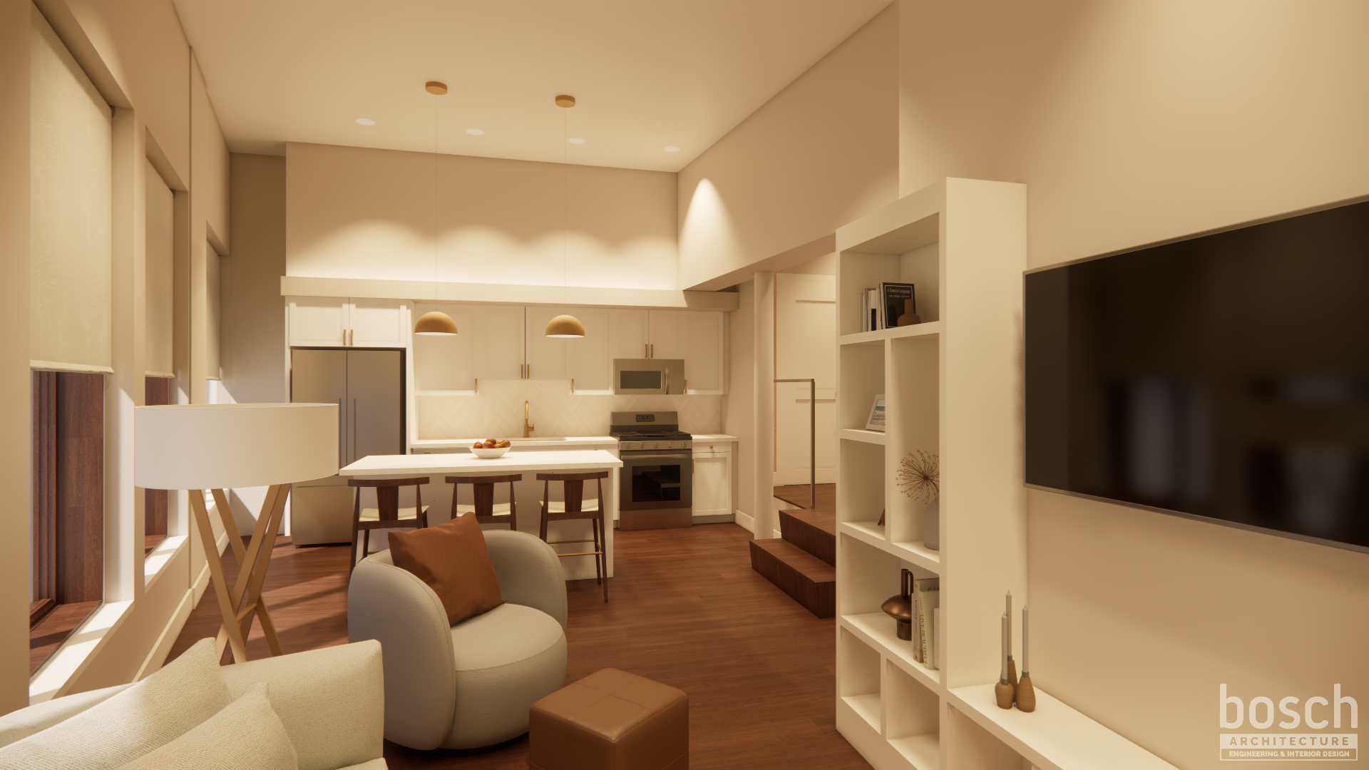 rendering of living room with built in shelves