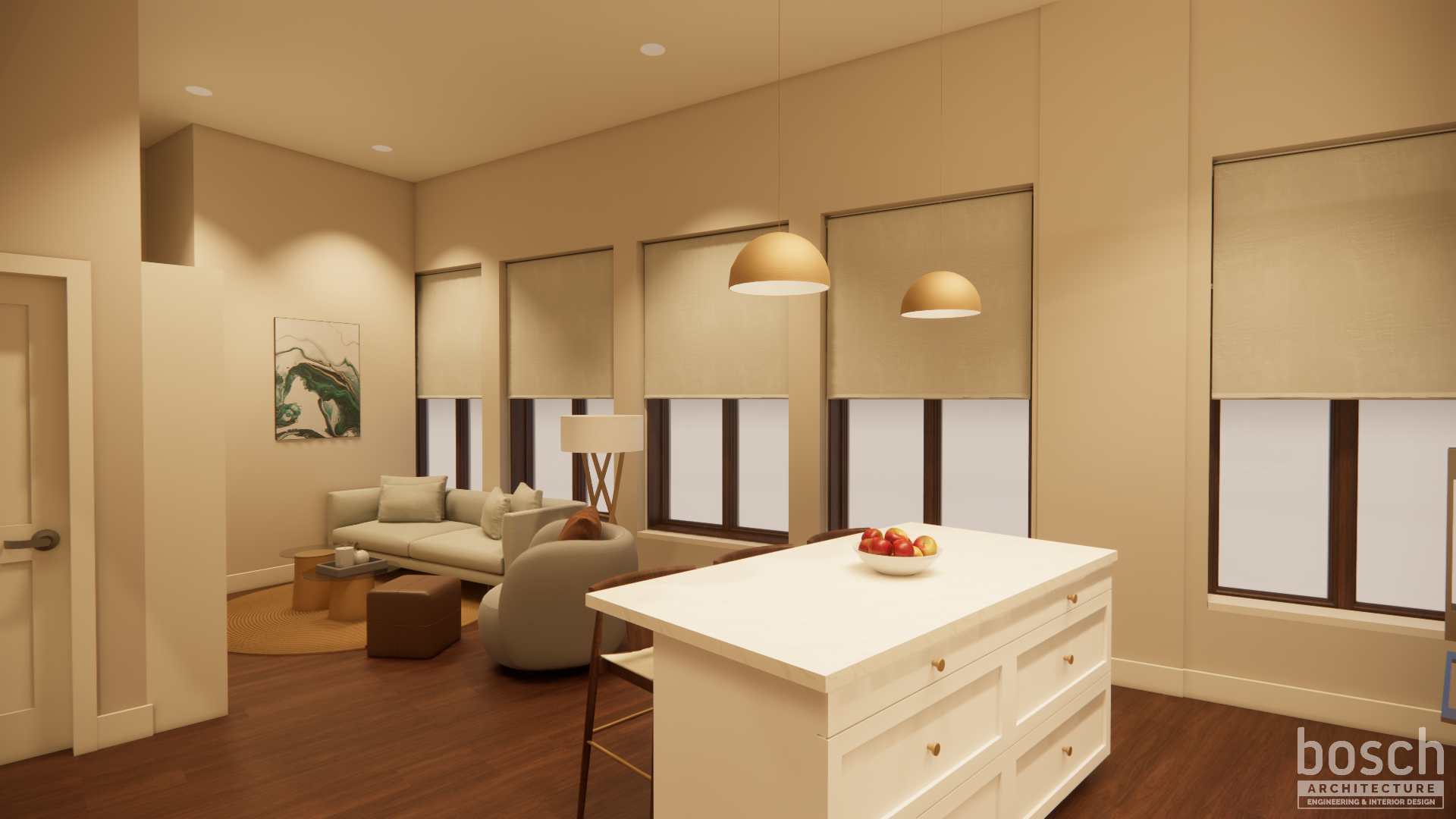 rendering of apartment kitchen island with seating and view into living room