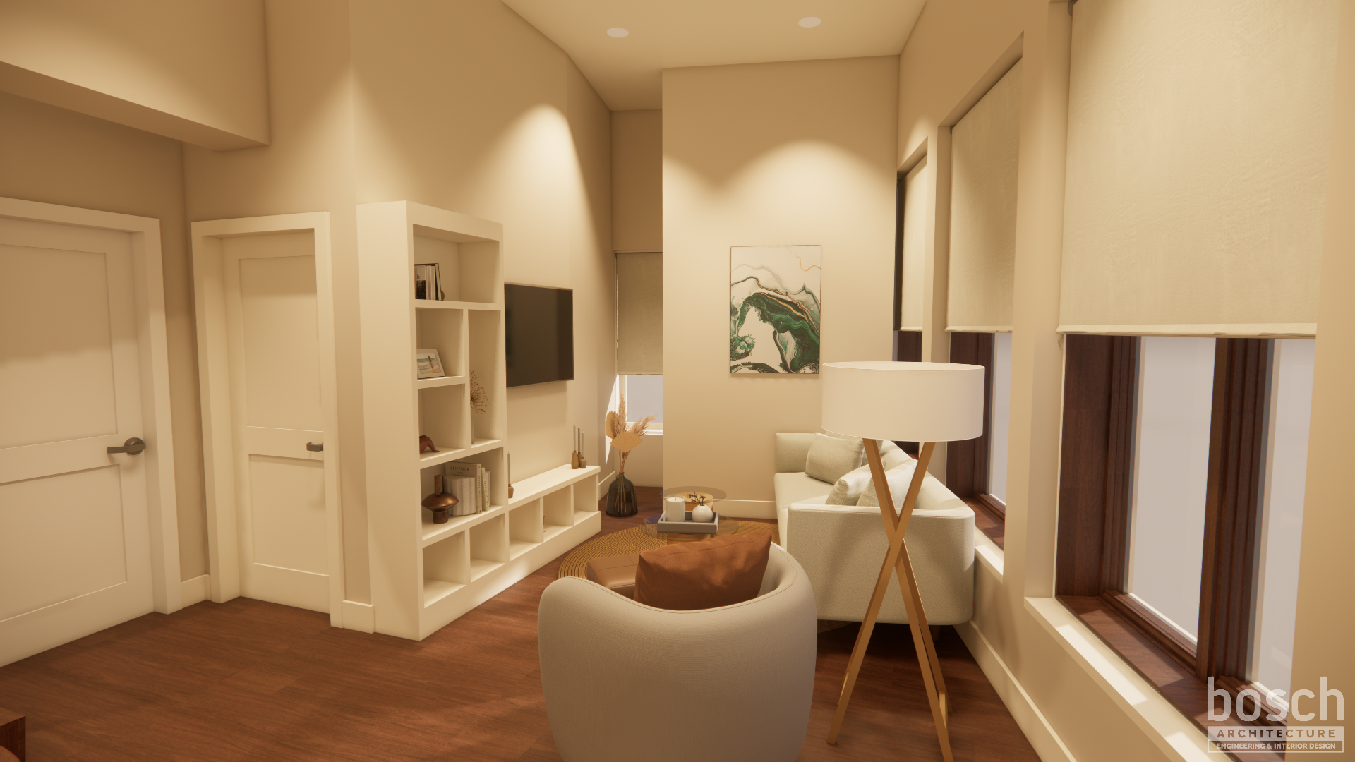 rendering of apartment with built in shelves and living room area