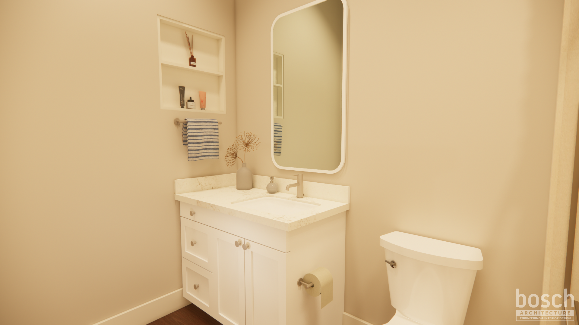 rendering of a bathroom with vanity and mirror