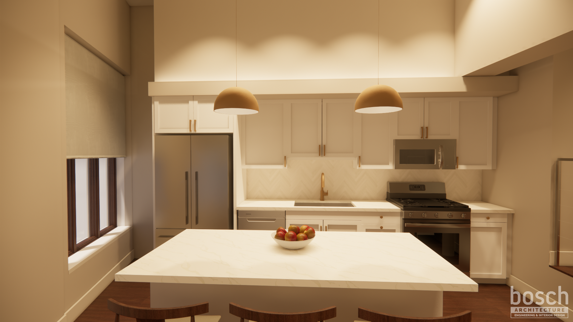 rendering of apartment kitchen with stainless steel appliances