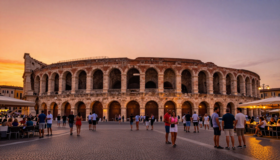 Arena di Verona illuminata al tramonto con piazza Bra