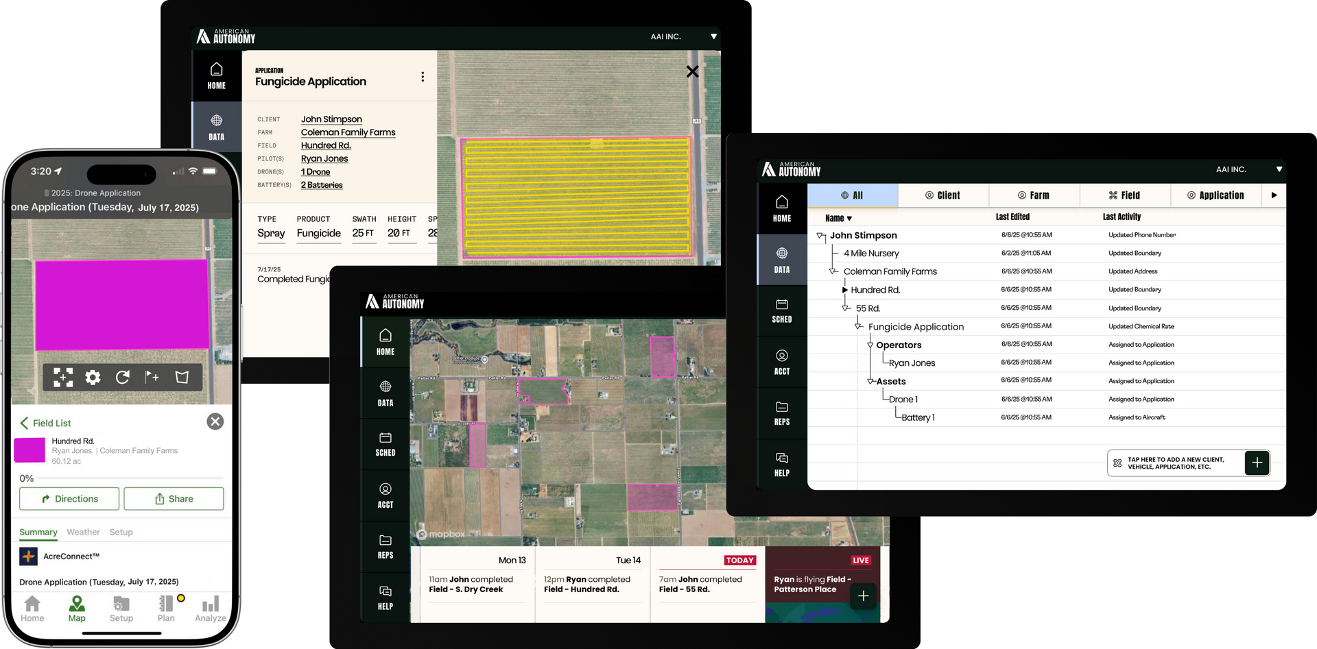 American Autonomy drone data manager and AcreConnect integration on tablet and phone