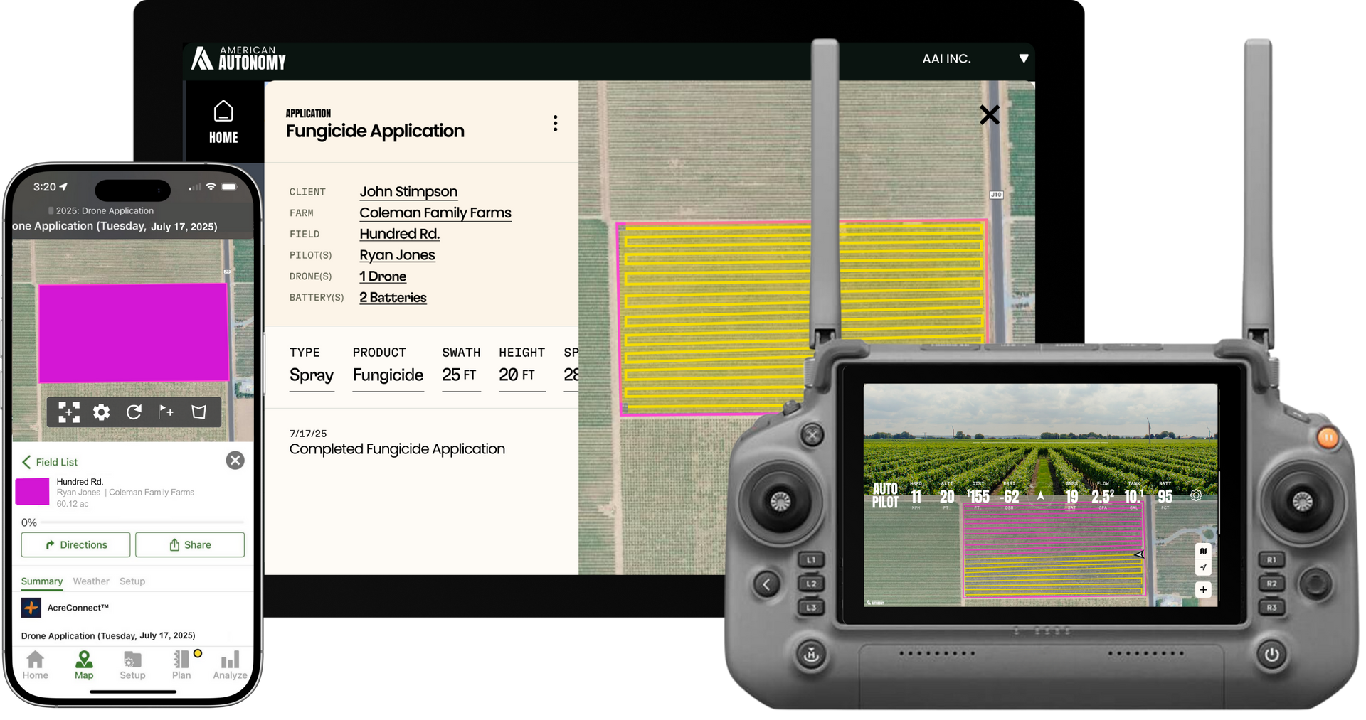 American Autonomy drone software platform — ground control station and data management on three screens