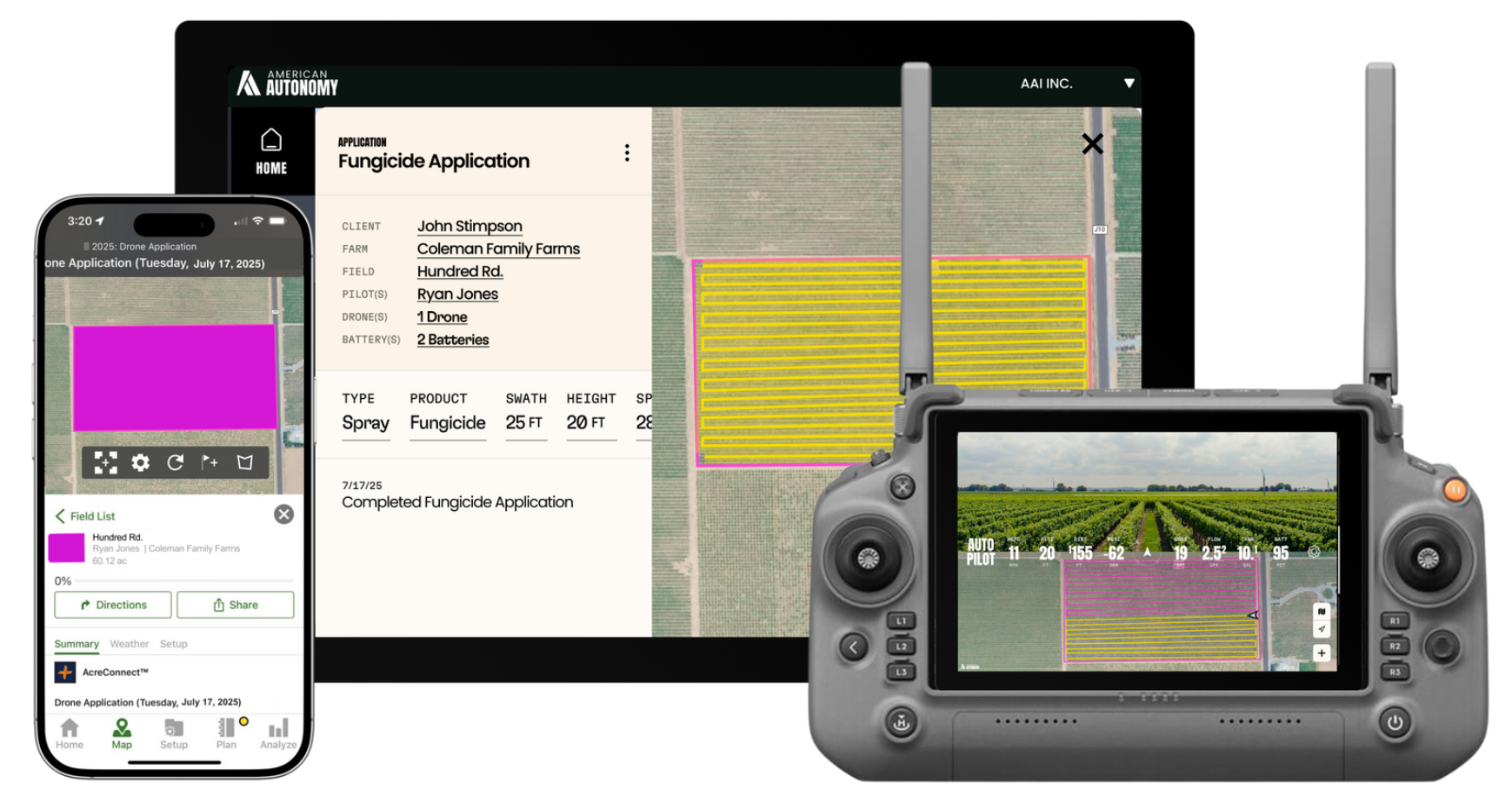 American Autonomy drone software platform — ground control station, data management and AcreConnect integration on three screens