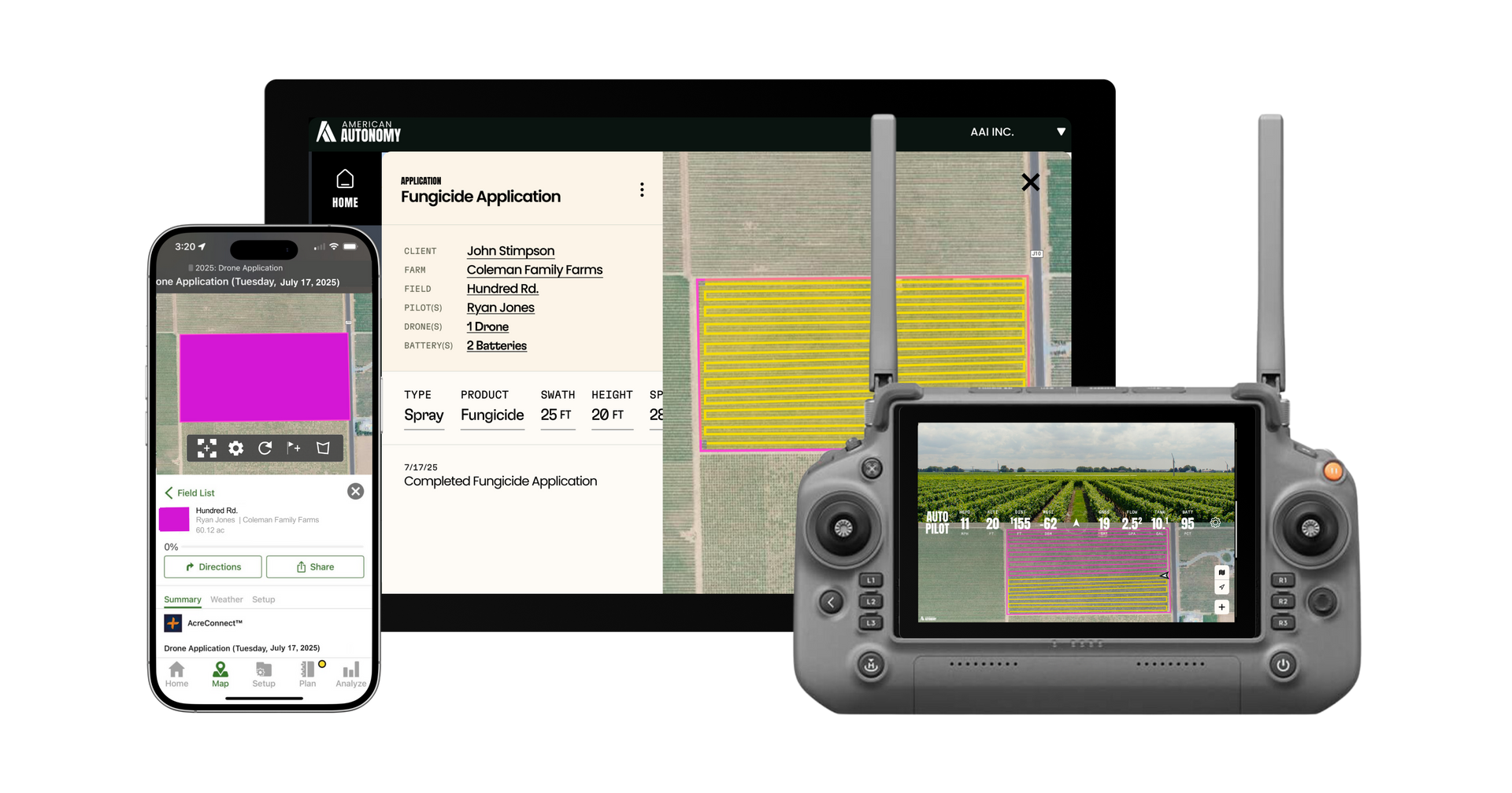 American Autonomy drone software platform — ground control station, data management and AcreConnect integration on three screens