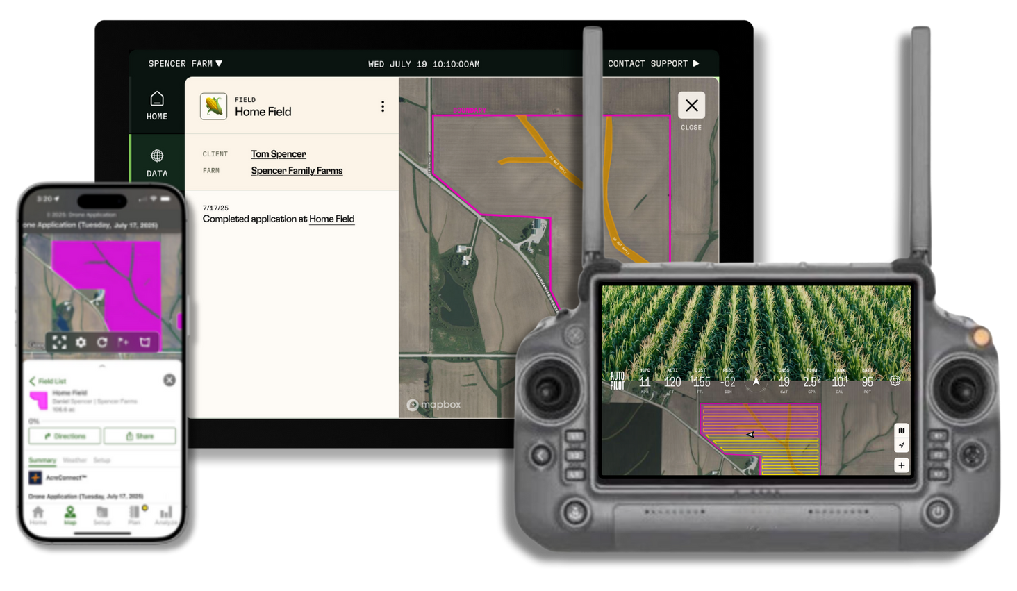 American Autonomy drone software platform — ground control station, data management and AcreConnect integration on three screens