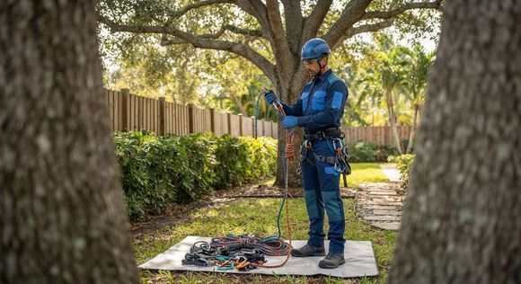 Wellington tree care professional preparing arborist equipment for tree work