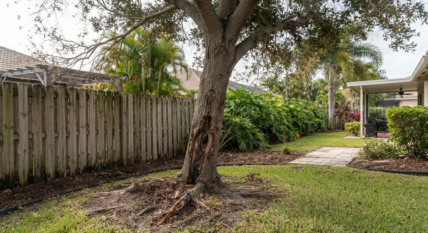 Tree showing root damage trunk decay and structural instability in Wellington Florida