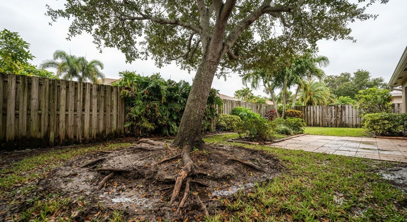 Leaning tree with lifted roots after a storm in Wellington Florida