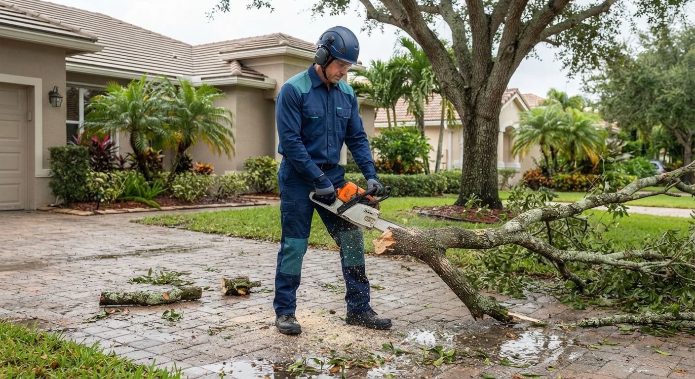Emergency tree technician clearing a storm-damaged limb in Wellington Florida
