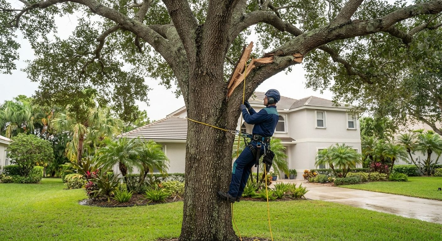 Emergency arborist securing a split tree in Wellington Florida
