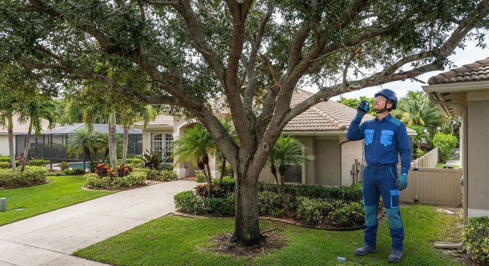 Wellington tree service technician assessing tree size and property access