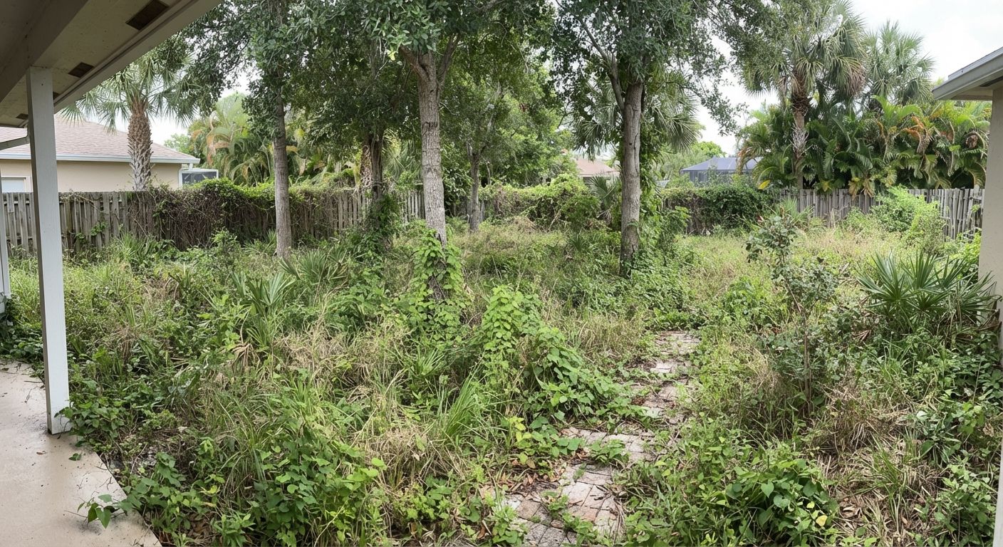 Overgrown residential property needing land clearing in Wellington Florida