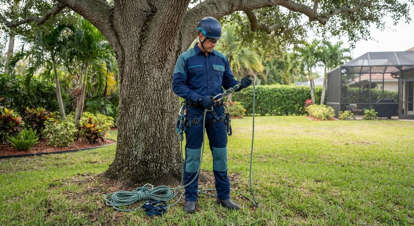 Professional arborist preparing safe tree work equipment in Wellington Florida