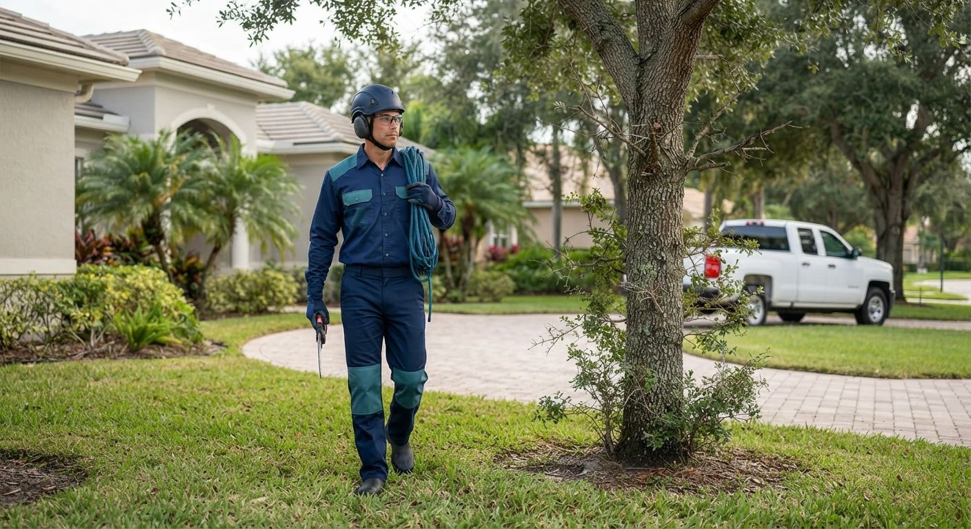 Tree technician arriving for scheduled service in Wellington Florida