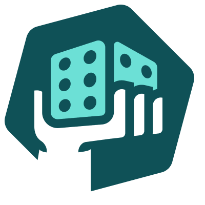 Hand grasping a turquoise die with six and two dots, within a dark teal hexagonal frame.