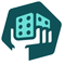 Hand grasping a turquoise die with six and two dots, within a dark teal hexagonal frame.