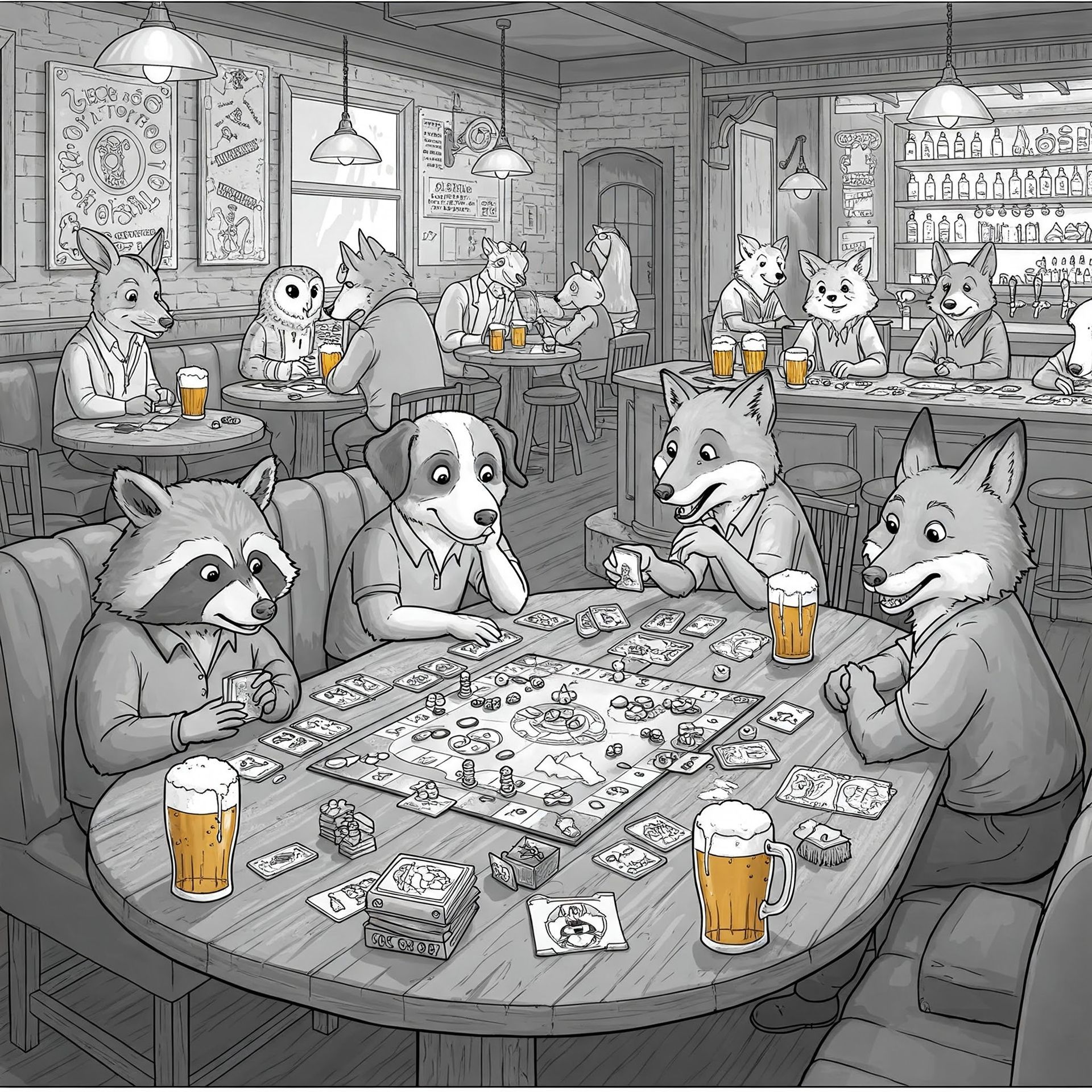 Animals playing a board game in a pub: raccoon, dog, and fox. Other animal patrons seated at tables, drinking.