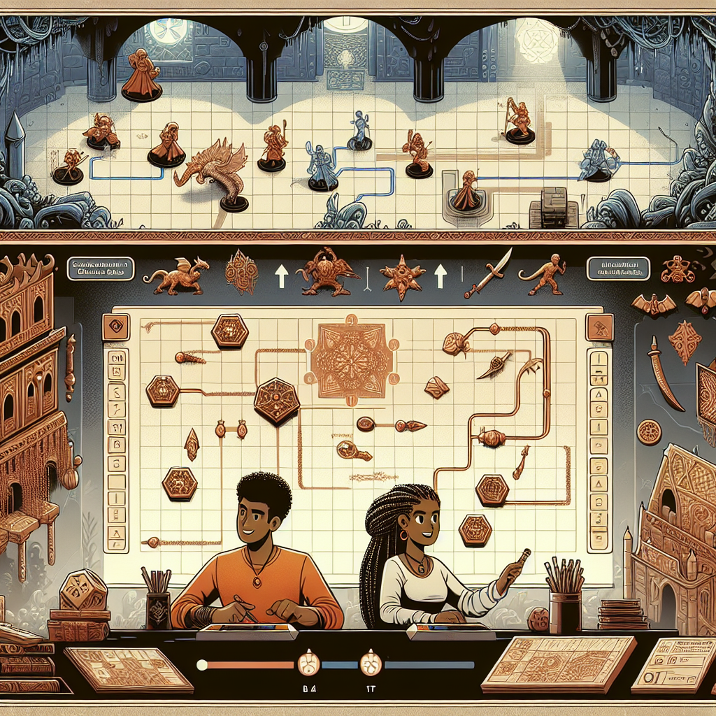 Two people at a map table; miniature figures on upper board, schematics with connected points below.