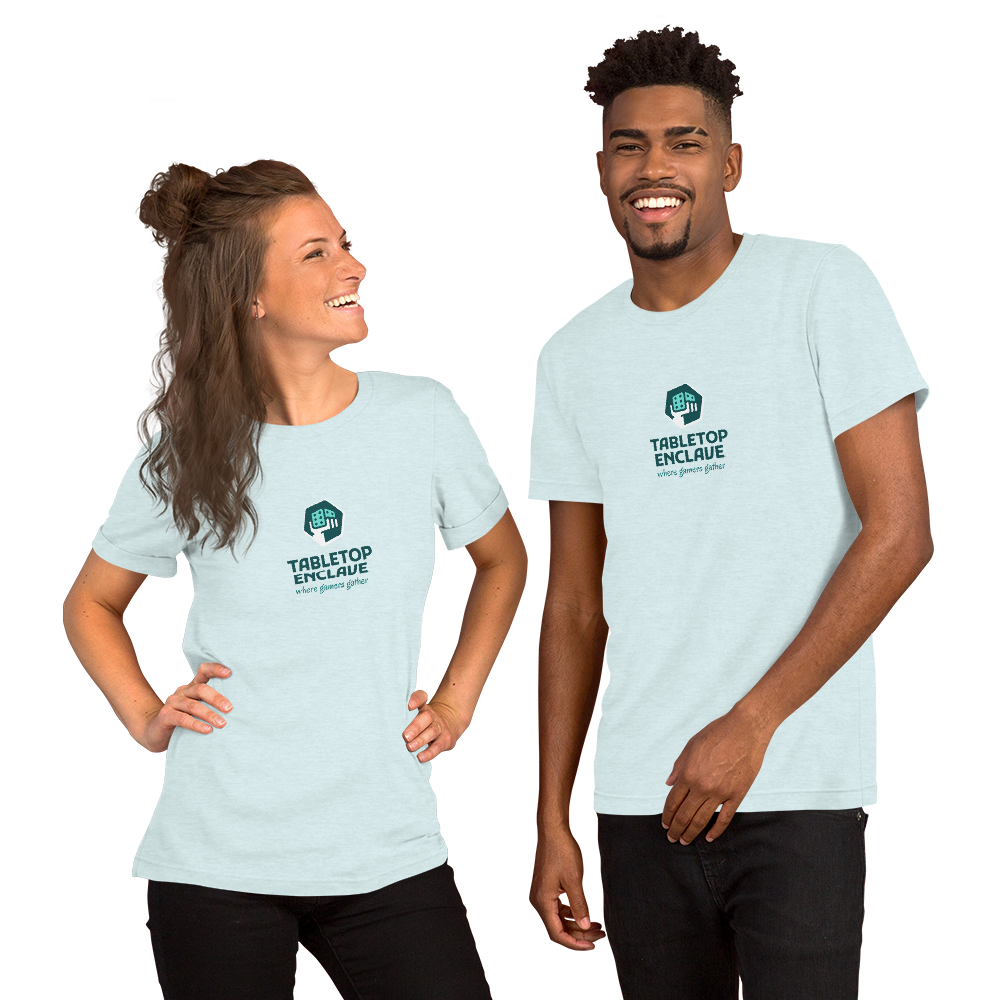 Two people wearing light blue t-shirts with a teal logo.