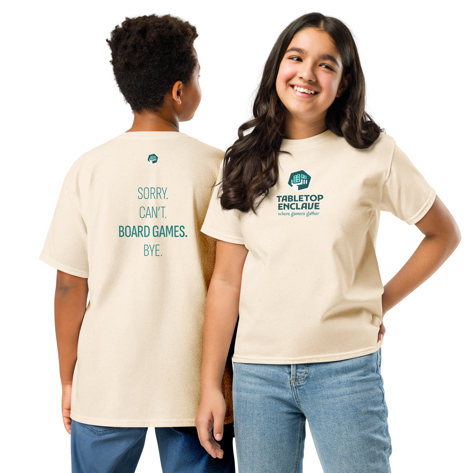 Two kids wearing beige t-shirts with 