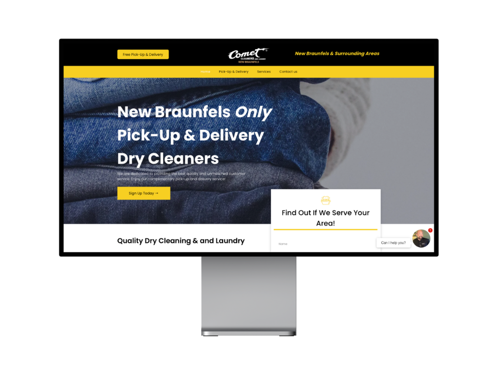 A computer monitor displaying a website for new braunfels only pick-up and delivery dry cleaners.